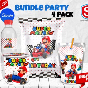 Super Mario Kart - Pacote para Festa de Aniversário - Guloseimas para Festa - Sacola de Batata Frita - Capri Sun - Etiquetas para Garrafas de Água - Personalizadas - ARQUIVO DIGITAL