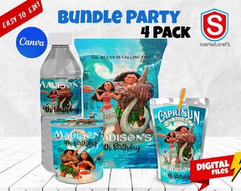 Moana Birthday Party Bundle - Party Treats - Chip Bag - Capri Sun labels - Water Bottle Labels - Personalized - DIGITAL FILE
