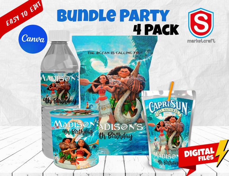 May include: A party bundle featuring a water bottle, a snack bag, a juice pouch, and a can, all with a "Moana" theme. The items are decorated with characters from the movie and the text "Madison's 4th Birthday". The bundle includes the text "Bundle Party 4 Pack".