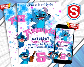 Stitch-Geburtstagseinladung: Bearbeitbare Canva-Vorlage (Digitaler Download)