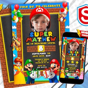 Convite editável do Mario Bros, convite de aniversário do Super Mario, convites para festa de aniversário para impressão, modelo de convite para festa de aniversário digital