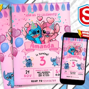 Stitch and Angel Geburtstagseinladung: Bearbeitbare & druckbare Vorlage - Wunderschöne Einladung zum Geburtstag Ihres Kleinen, bearbeitbar in Canva
