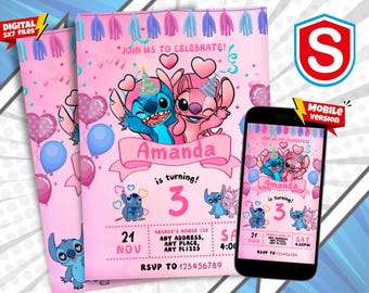 Stitch and Angel Birthday Invitation Template: Editable Canva Design (5x7) (Digital Download