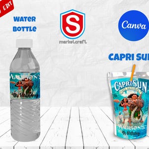 May include: A clear plastic water bottle and a Capri Sun juice pouch, both featuring a colorful design with the text "MADISON'S 4th Birthday". The water bottle has a white cap. The Capri Sun has a straw.