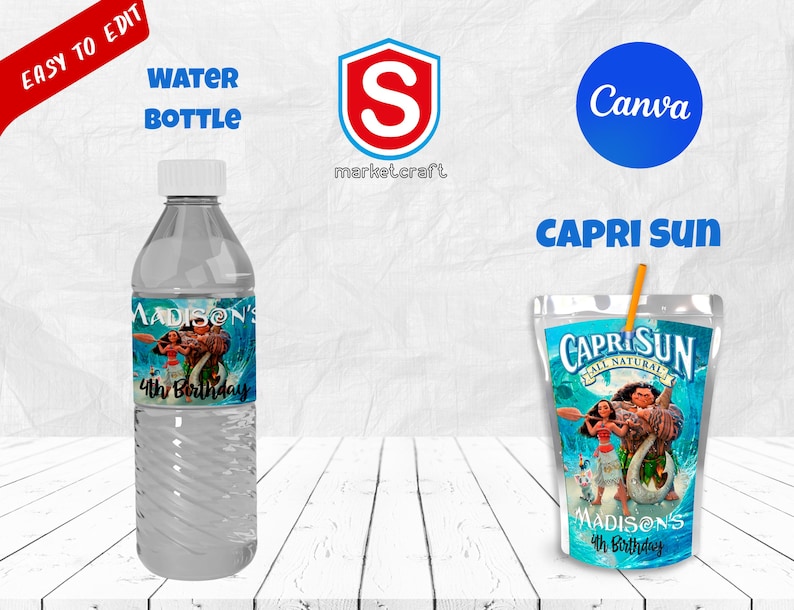 May include: A clear plastic water bottle and a Capri Sun juice pouch, both featuring a colorful design with the text "MADISON'S 4th Birthday". The water bottle has a white cap. The Capri Sun has a straw.