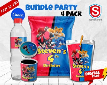 Sonic Birthday Party Bundle: Editable Chip Bag, Caprisun Labels (Digital Download)