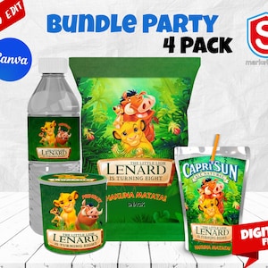 Pacote para festa de aniversário do Rei Leão (2 opções de design) - Doces para festa - Sacola de salgadinhos - Capri Sun - Etiquetas para garrafas de água - Personalizadas - ARQUIVO DIGITAL