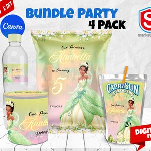May include: A party bundle featuring a princess theme. Includes a water bottle, snack bag, juice box, and a container, all with princess graphics and the text "Anabella is turning 5". The bundle is labeled "Bundle Party 4 Pack".