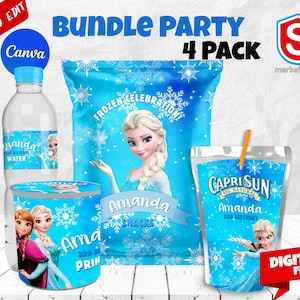 Pacchetto personalizzato per la festa di compleanno di Frozen: sacchetto di patatine, Capri Sun, etichette per bottiglie d'acqua (file digitale) immagine 1