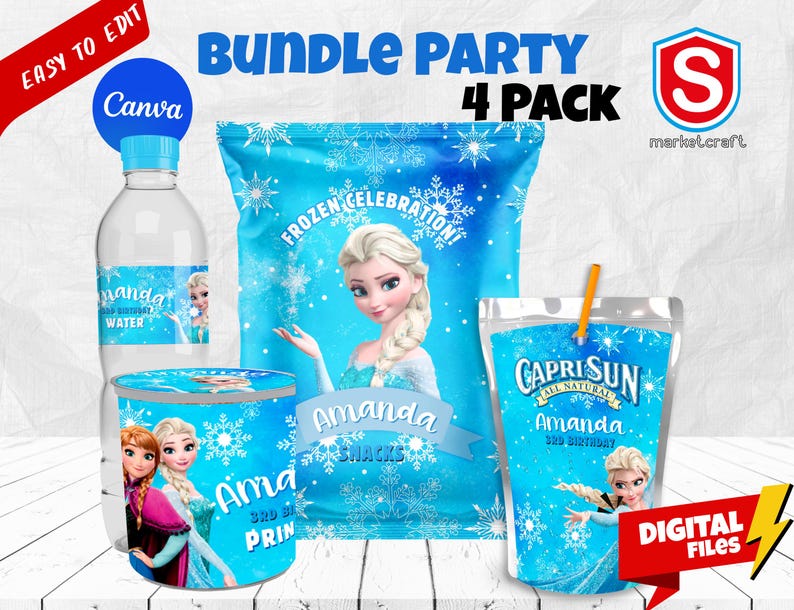 Pacchetto personalizzato per la festa di compleanno di Frozen: sacchetto di patatine, Capri Sun, etichette per bottiglie d'acqua (file digitale) immagine 1