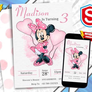Minnie Maus Geburtstagseinladung, Minnie Maus Geburtstagseinladung Vorlage druckbare, Minnie Maus Einladung digital bearbeitbar in canva