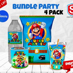 Invito Mario, festa Mario Bundle, festa a tema Mario, sacchetto di patatine Mario, Mario Capri Sun, Mario Pringles, festa di Mario, stampabile Mario.