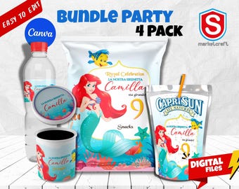 Etiquetas para festa de aniversário da Ariel: saco de salgadinhos, Capri Sun, garrafa de água (arquivo digital)