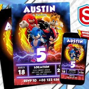 3 Faire-part d'anniversaire Sonic, Super Hedgehog Boys, faire-part de fête Super Sonic, Invitation de fête Super Sonic, modèle d'invitation Sonic modifiable, modèle Canva