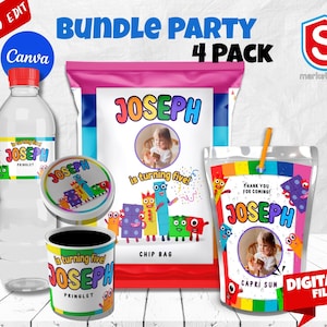 May include: A party bundle featuring a water bottle, chip bag, Capri Sun pouch, and Pringles cup, all personalized with the name "Joseph" and a photo. The items are decorated with colorful graphics and the text "is turning five!"