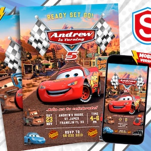 Cars verjaardagsuitnodiging, verjaardagsuitnodiging, Lightning McQueen-uitnodiging, verjaardagsuitnodiging voor kinderen, digitale uitnodiging, bewerkbaar canvas