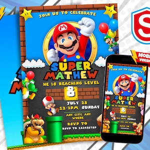 Convite editável do Mario Bros, convite de aniversário do Super Mario, convites para festa de aniversário para impressão, modelo de convite para festa de aniversário digital