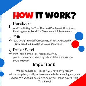 May include: A graphic with the text "HOW IT WORK?" in red and black. The steps include purchasing, editing, and printing a template. Blue and red circles decorate the white background. The logo for marketcraft is in the upper left corner.