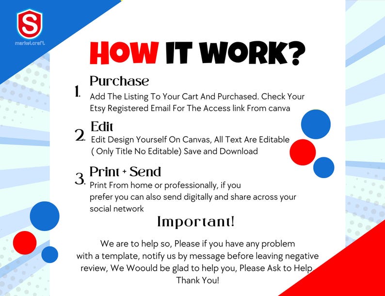 May include: A graphic with the text "HOW IT WORK?" in red and black. The steps include purchasing, editing, and printing a template. Blue and red circles decorate the white background. The logo for marketcraft is in the upper left corner.