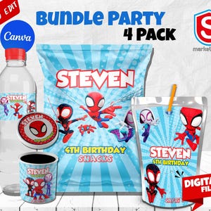 Spidey-verjaardagsbundel: bewerkbare zak voor chips, Capri Sun- en waterfleslabels (digitaal bestand)