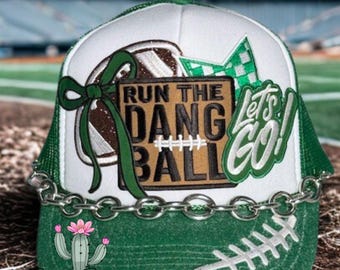 Green Trucker Hat: &#39;Run the Dang Ball&#39;, Silver Glitter Brim
