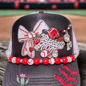 Baseball Mom Trucker Hat: Beaded Chain & Glitter Lace