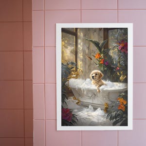 Impresión artística para pared de baño - Descarga digital, cachorro en la bañera