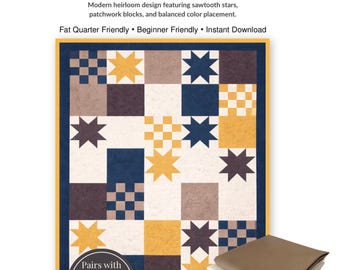May include: A quilt pattern titled "Modern Heirloom" with a design featuring sawtooth stars and patchwork blocks. The quilt is in shades of blue, yellow, brown, and white. The pattern is for a queen-size quilt, 80" x 104".