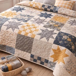 モダンキルト用ファットクォーターバンドル｜ネイビー、ハニー、チャコールのコットン生地パレット