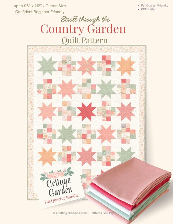 Country Garden Quilt Pattern – Queen Size Sawtooth Star Cottagecore Floral (PDF)