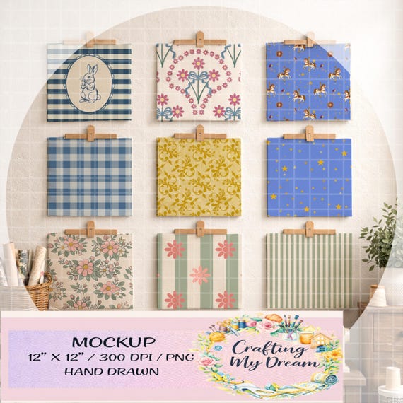 Fabric Bundle Mockup | 9 Grid Display | Quilt Pattern PNG (12x12)