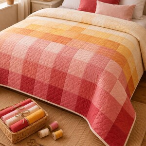 May include: A quilted bedspread with a gradient design in shades of yellow, orange, and red. The bedspread is on a bed with white pillows and red accent pillows. A basket with rolled fabric, spools of thread, and scissors are on the floor.