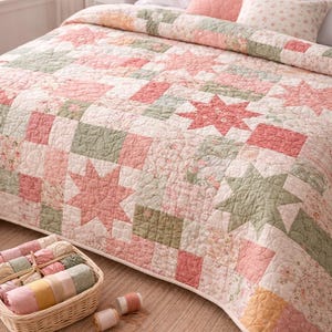 Puede incluir: Un edredón de retazos en tonos rosa, verde y blanco con patrones de estrellas y cuadrados. El edredón está sobre una cama con almohadas a juego. Una cesta de rollos de tela y carretes de hilo se encuentra cerca, lo que sugiere una artesanía hecha a mano.