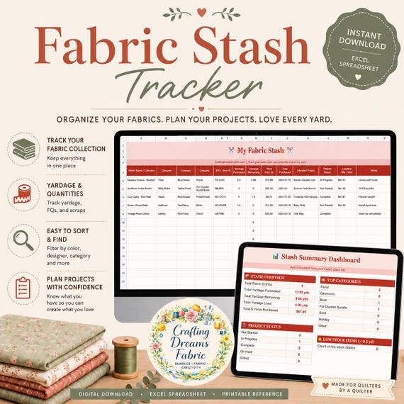 Quilter's Fabric Stash Tracker | Inventory Spreadsheet & Organization Planner (Digital Download)