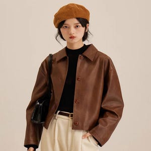 Veste en cuir marron vintage Femme | Manteau court oversize en cuir Femme | Veste courte vintage rétro | Veste d'automne en cuir effet vieilli