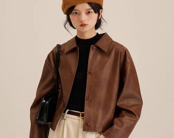 Vintage Brown Leather Cropped Jacket Women | 90s Y2K Retro Crop Motorcycle Coat