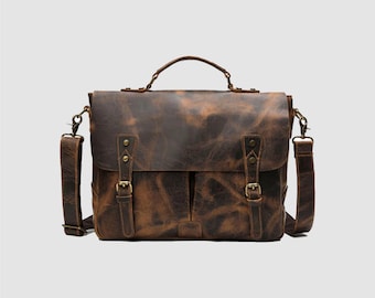 Leather Messenger Bag, Handmade Messenger Bag for Men, Vintage Leather Laptop Bag, Personalized Leather Work Briefcase Shoulder Bag