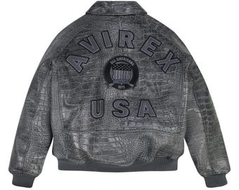 Men’s Avirex Leather Bomber Jacket, Distressed Croc Icon Jacket, Handmade Genuine Leather Pilot Jacket