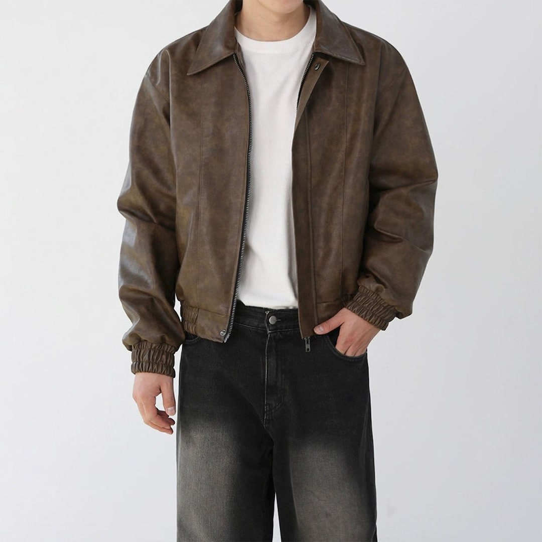 Vintage Leather Bomber Jacket 90s Y2K | Brown Distressed Men Retro