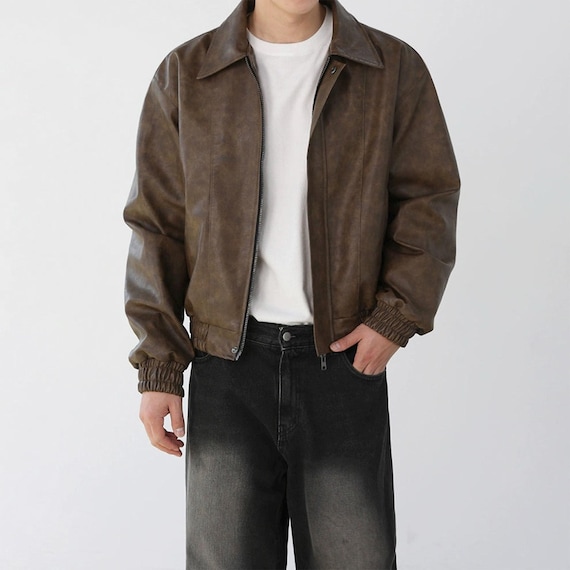 Vintage Leather Bomber Jacket 90s Y2K | Brown Distressed Men Retro