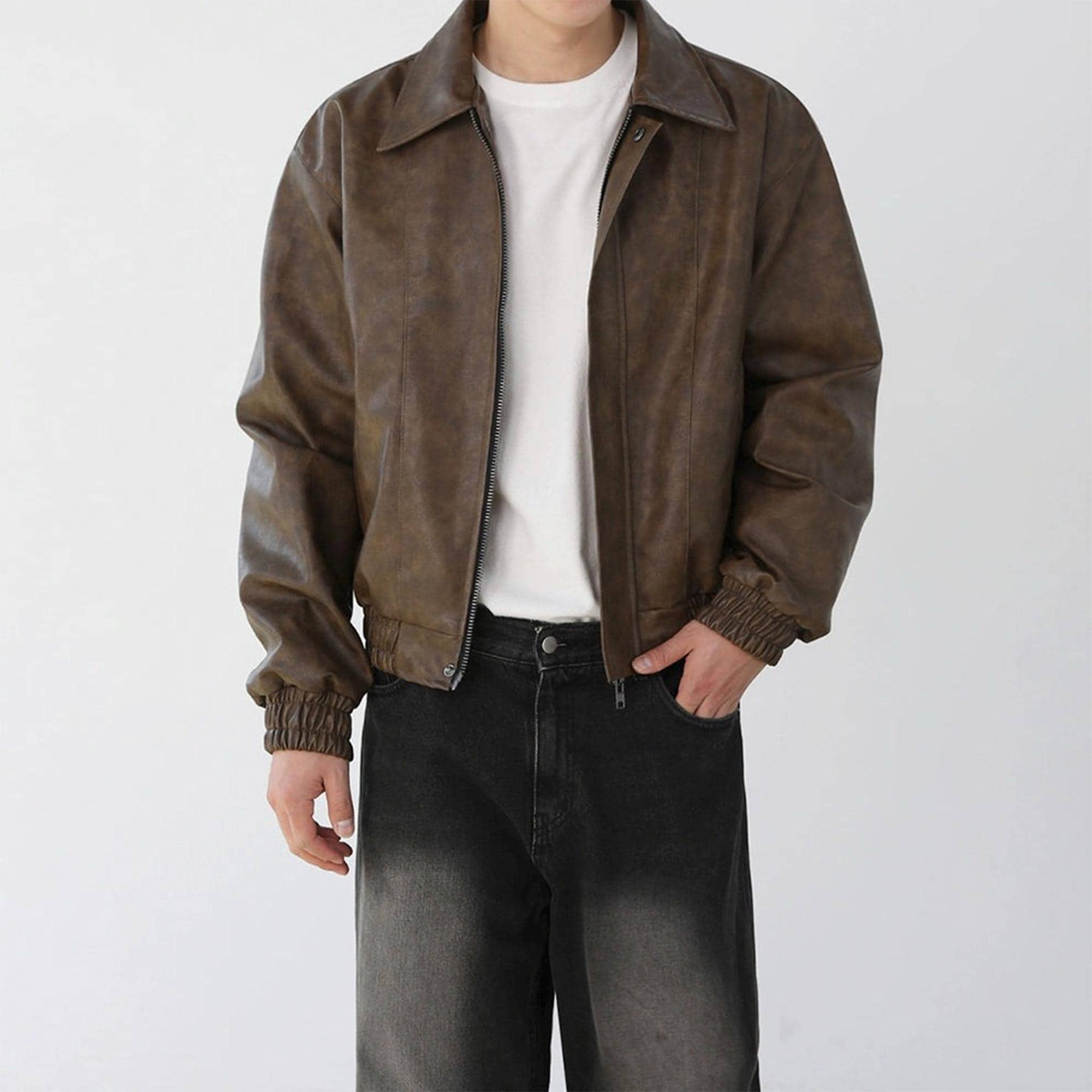 Vintage Leather Bomber Jacket 90s Y2K | Brown Distressed Men Retro