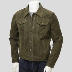 Men&#39;s Green Suede Trucker Jacket: Handmade Western Style Vintage Coat