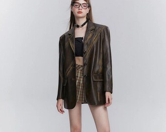Vintage bruine leren blazer Y2K | Zacht getailleerd jasje dames | Retro jaren 2000-mode