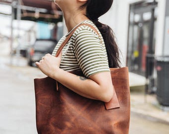 Handmade Tan Leather Tote Bag | Minimalist Large Shopper