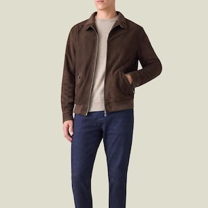 Men’s Brown Suede Bomber Jacket, Vintage Style Real Leather Zip-Up Coat, Handmade Casual Outerwear, Gift for Him