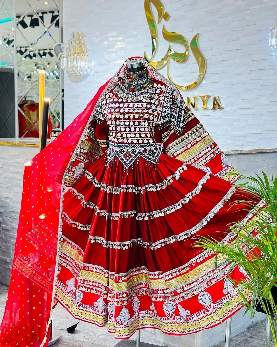 red afghani dress Cultural Afghan Red Dress | Handmade Kuchi Gown with Tribal Coin Work And Mirror Embroidery