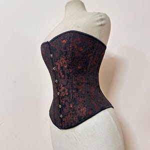 Red and black Brocade Corset Steel Boned Satin Overbust Corset