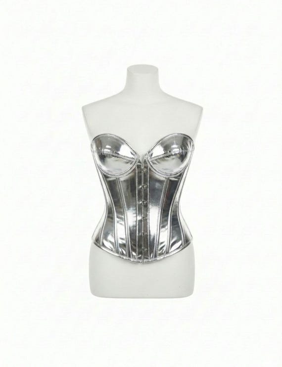 Shiny Silver Metallic Overbust Corset Bustier With Front Busk