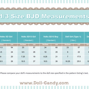May include: A chart showing the measurements in inches and centimeters for different 1/3 scale ball-jointed dolls (BJDs). The dolls include Volks SD Girl, Volks SD13 Girl, Volks SD13 Boy, Delf Girl (Type 1), and Delf Boy (Type 1).