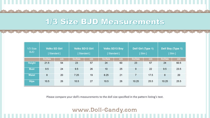 May include: A chart showing the measurements in inches and centimeters for different 1/3 scale ball-jointed dolls (BJDs). The dolls include Volks SD Girl, Volks SD13 Girl, Volks SD13 Boy, Delf Girl (Type 1), and Delf Boy (Type 1).